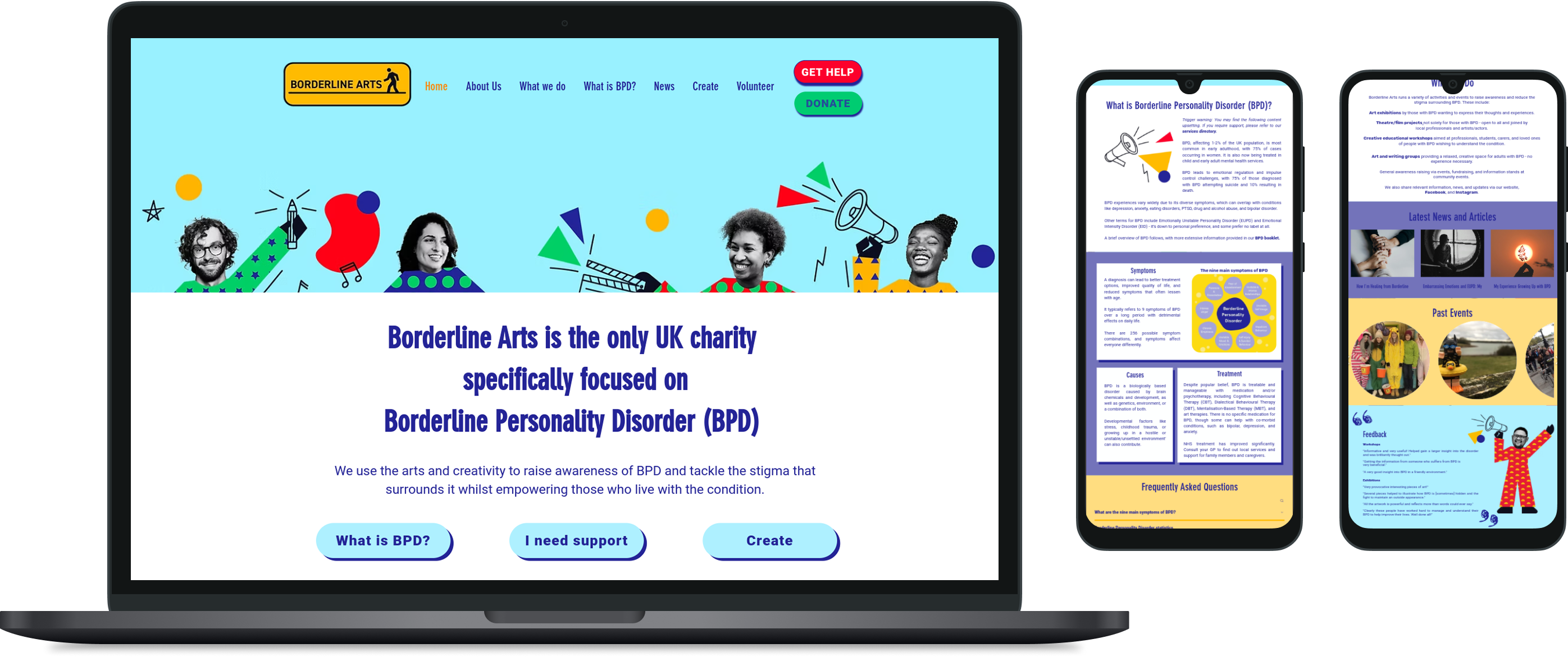Desktop view of Borderline Arts website.
