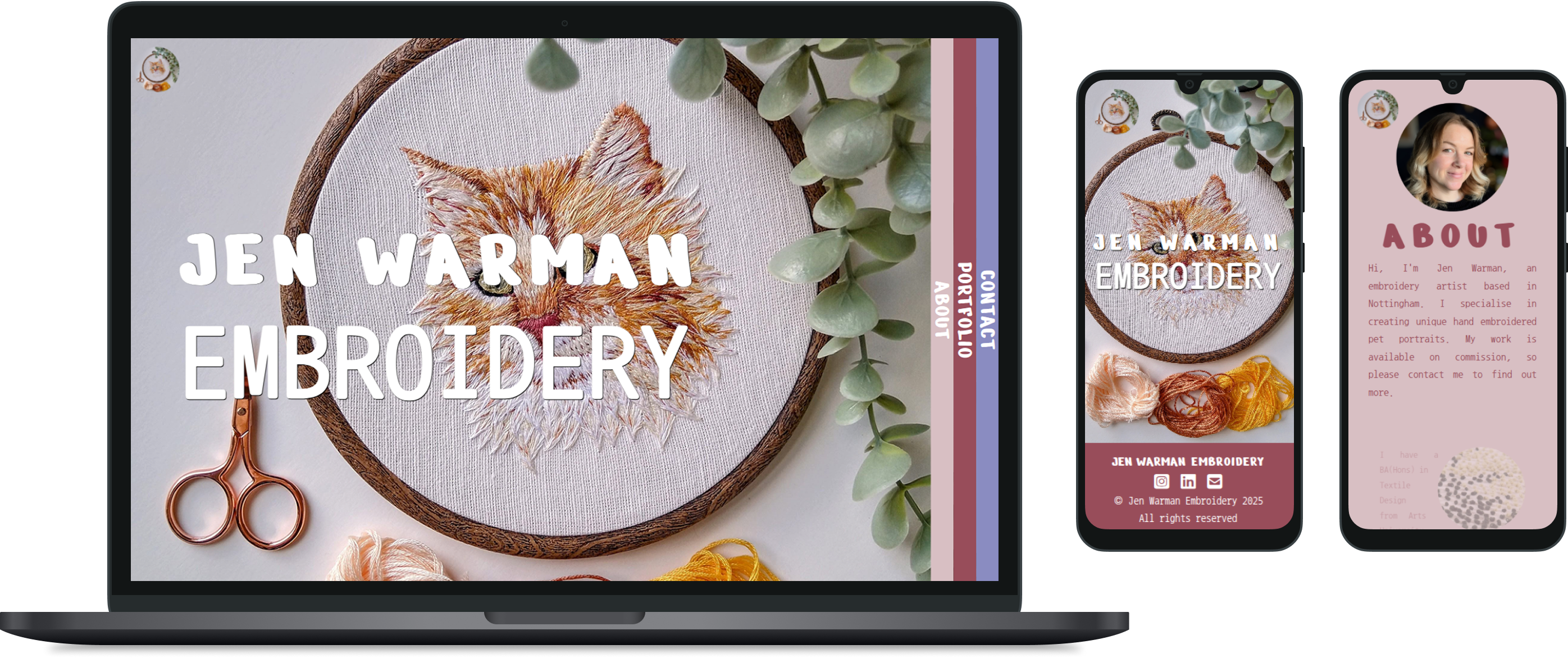 Desktop and mobile view of Jen Warman Embroidery website.