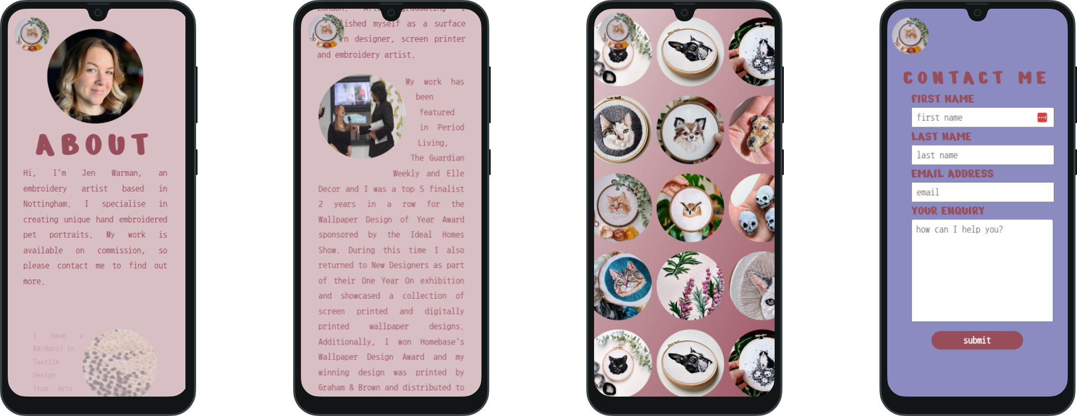 Mobile view of the about page, image gallery and contact form from Jen Warman Embroidery website.