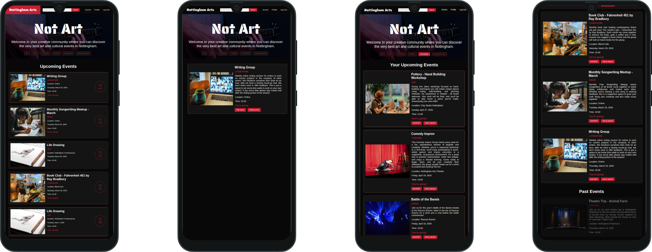 Mobile view of the homepage, event card, users personal upcoming and past events on the Not Art website.